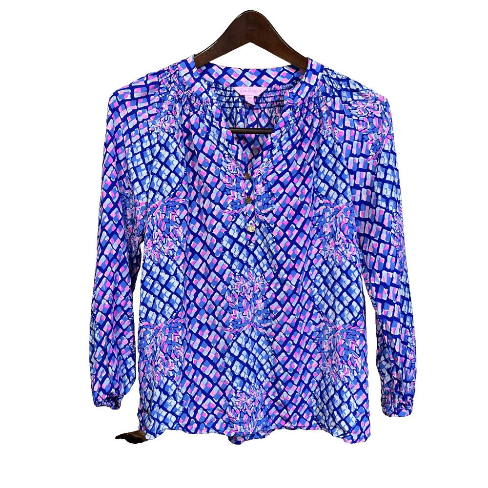 Lilly Pulitzer Elsa Silk Top in Pop Up Toe In Print Blue Pink Pineapple Sz XXS